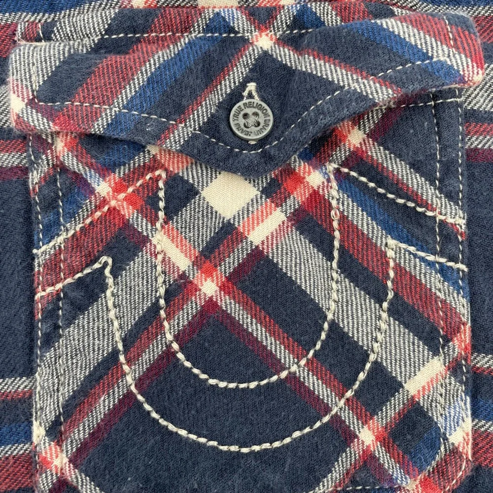 True Religion Mens Plaid‎ Flannel LS Utility Shirt Navy Red XL SVY974ZL01815